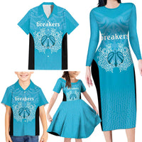 New Zealand Custom Family Matching Long Sleeve Bodycon Dress and Hawaiian Shirt Fire Basketball Maori Tribal Sky Blue - Polynesian Pride