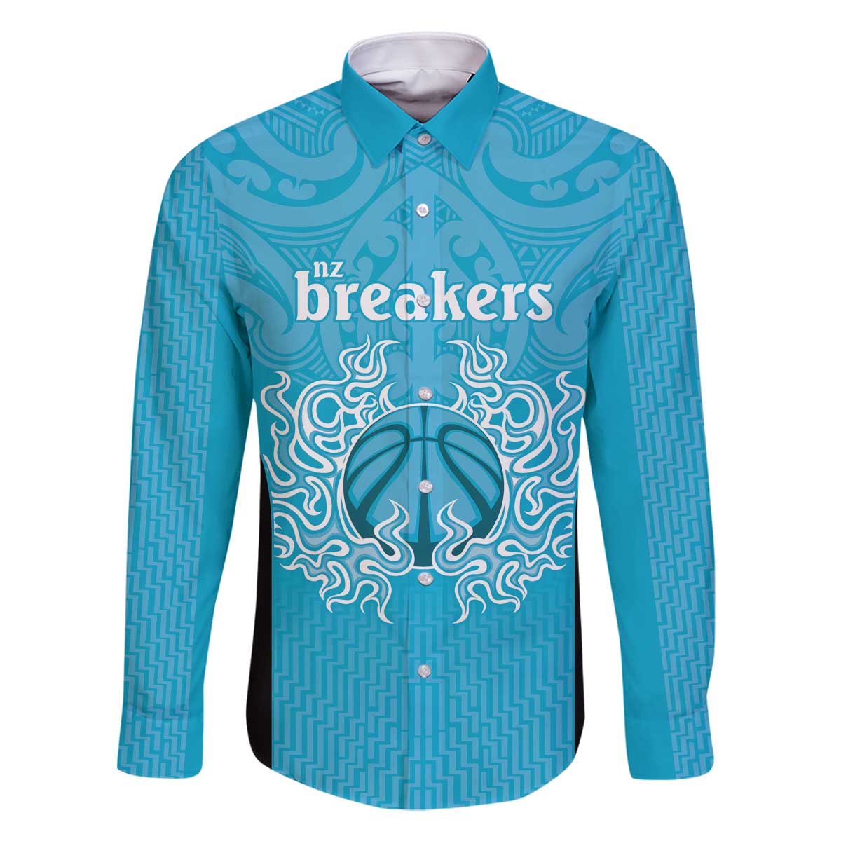 New Zealand Custom Family Matching Off The Shoulder Long Sleeve Dress and Hawaiian Shirt Fire Basketball Maori Tribal Sky Blue - Polynesian Pride