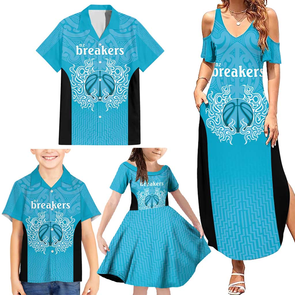 New Zealand Custom Family Matching Summer Maxi Dress and Hawaiian Shirt Fire Basketball Maori Tribal Sky Blue - Polynesian Pride
