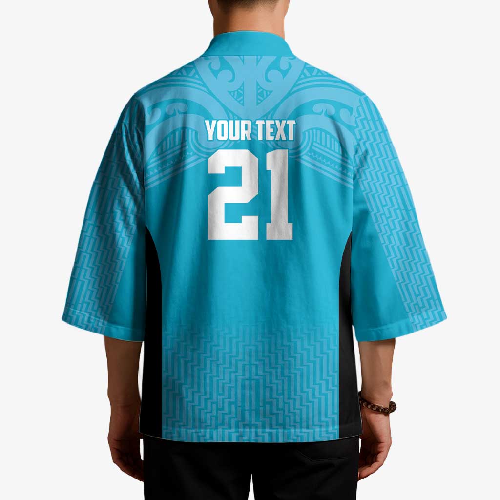 New Zealand Custom Kimono Fire Basketball Maori Tribal Sky Blue - Polynesian Pride