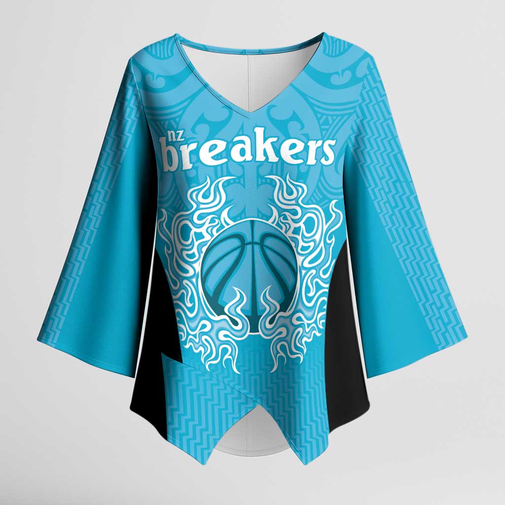 New Zealand Custom Kimono Sleeve Blouse Fire Basketball Maori Tribal Sky Blue - Polynesian Pride