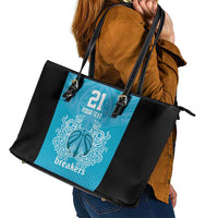 New Zealand Custom Leather Tote Bag Fire Basketball Maori Tribal Sky Blue - Polynesian Pride