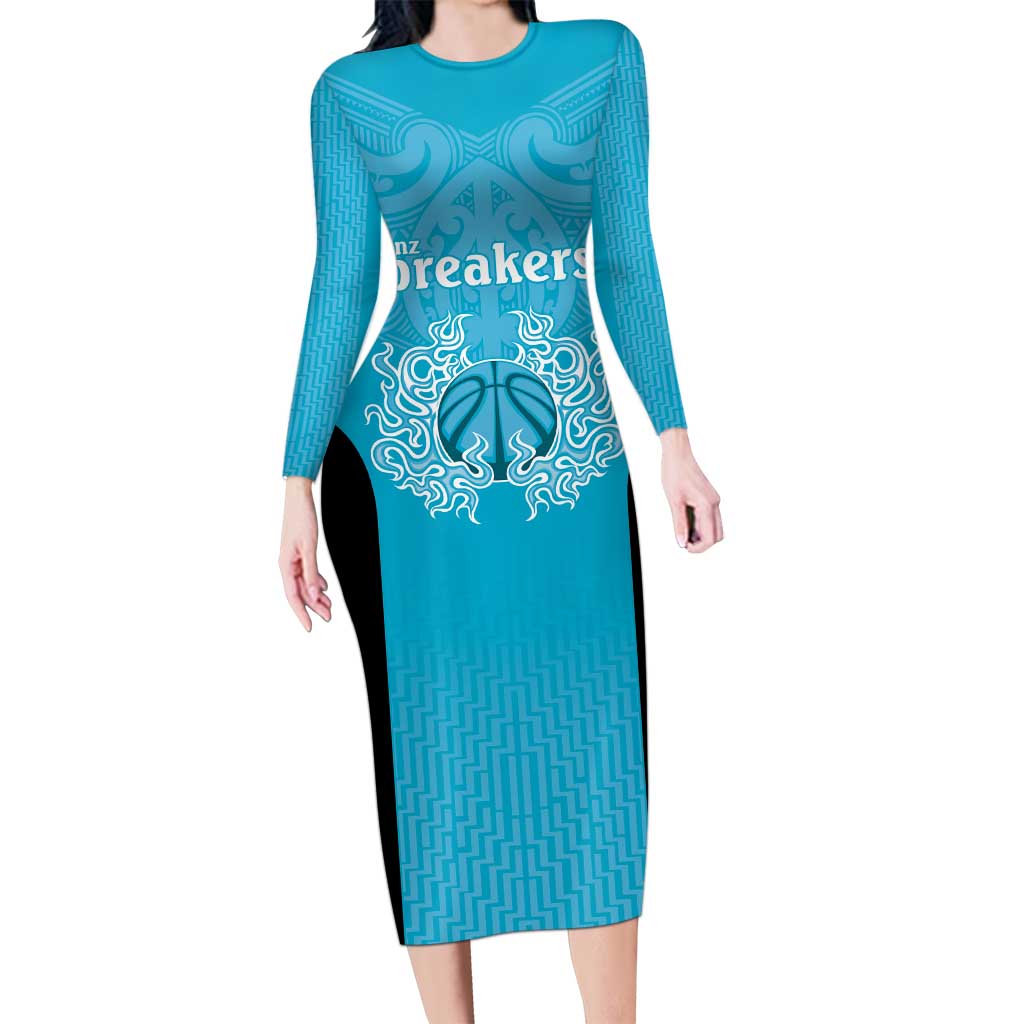 New Zealand Custom Long Sleeve Bodycon Dress Fire Basketball Maori Tribal Sky Blue - Polynesian Pride