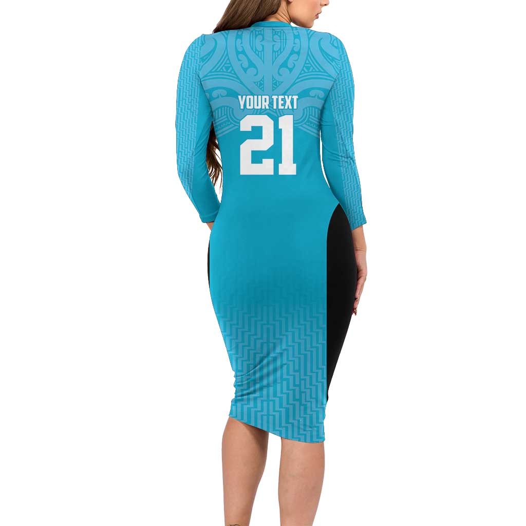 New Zealand Custom Long Sleeve Bodycon Dress Fire Basketball Maori Tribal Sky Blue - Polynesian Pride