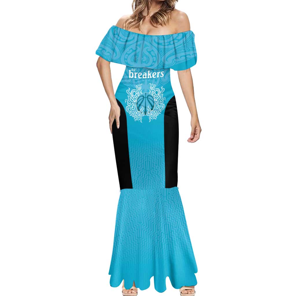New Zealand Custom Mermaid Dress Fire Basketball Maori Tribal Sky Blue - Polynesian Pride
