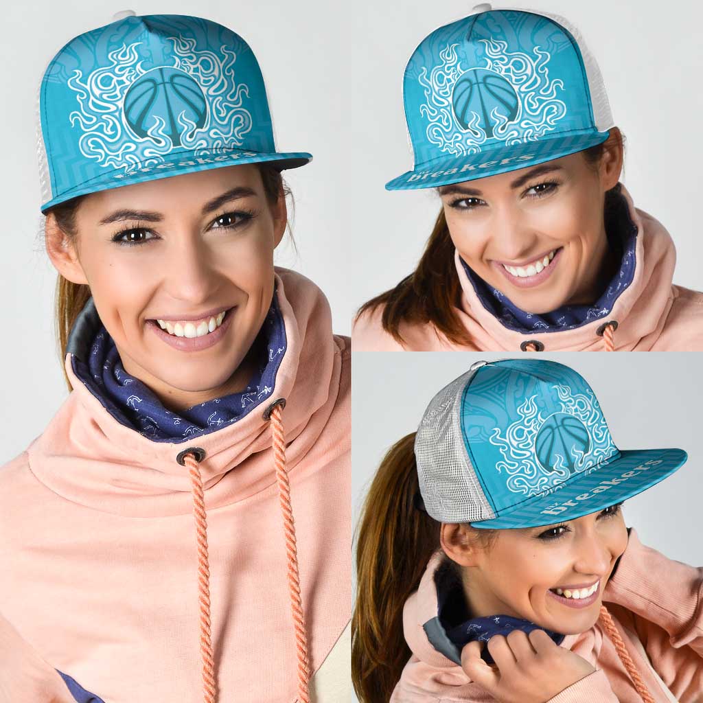 New Zealand Mesh Trucker Cap Fire Basketball Maori Tribal Sky Blue - Polynesian Pride