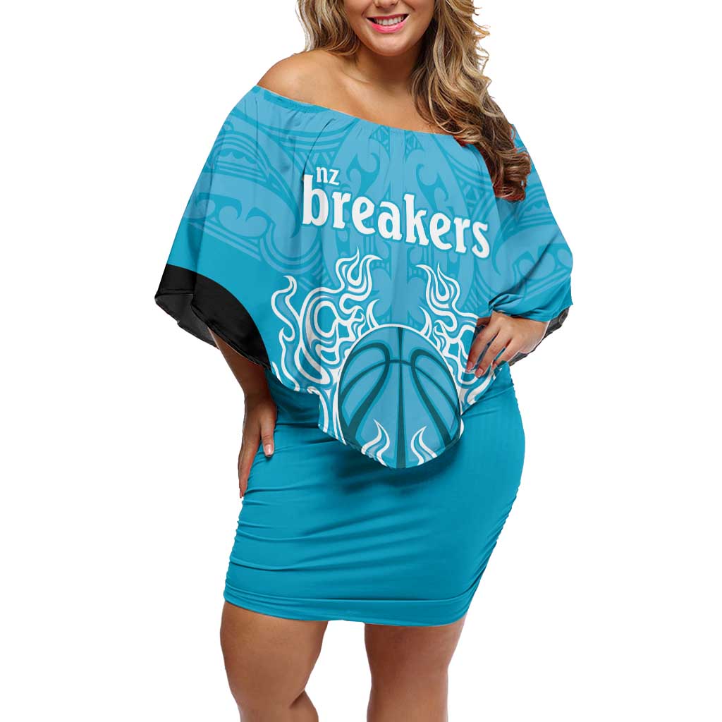 New Zealand Custom Off Shoulder Short Dress Fire Basketball Maori Tribal Sky Blue - Polynesian Pride