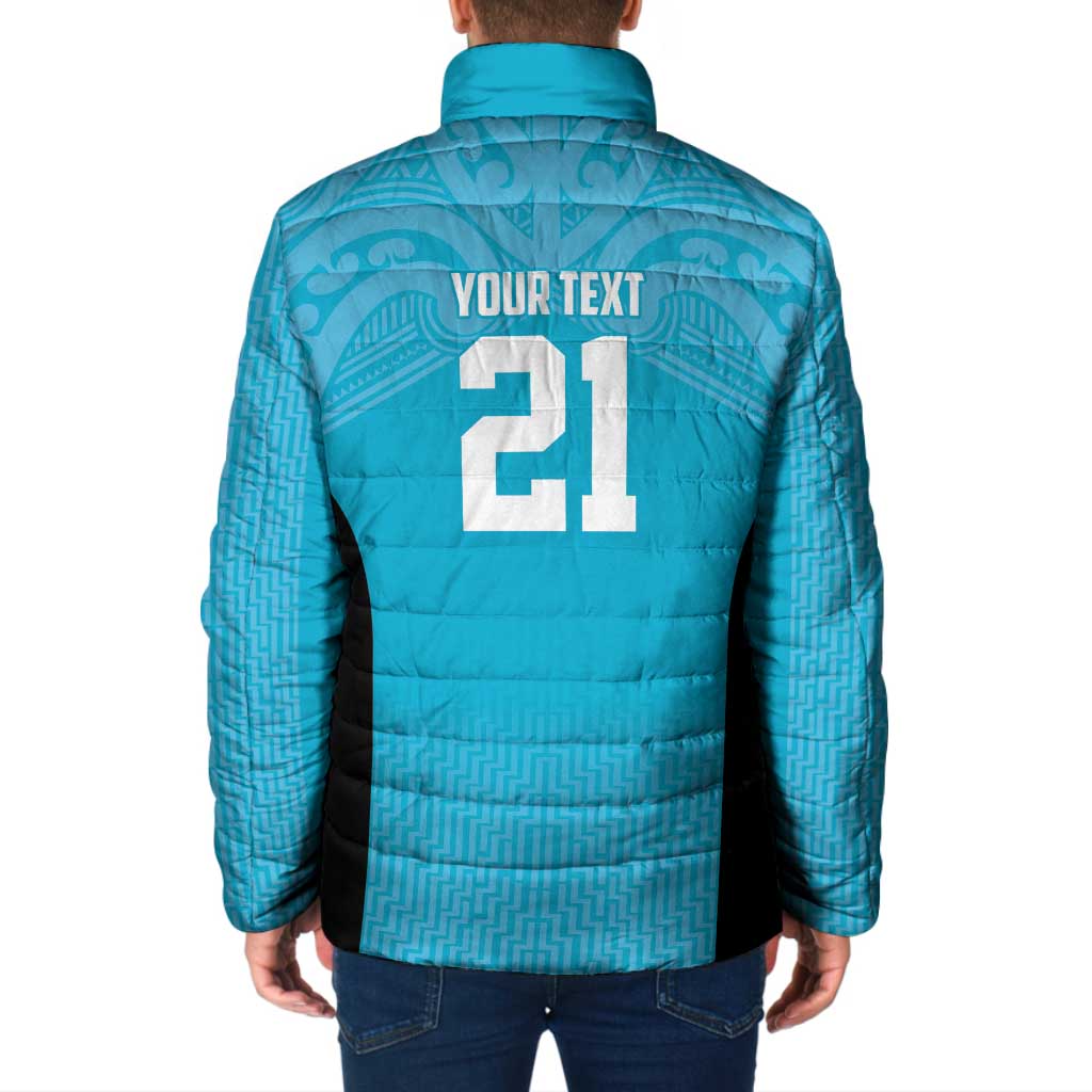 New Zealand Custom Padded Jacket Fire Basketball Maori Tribal Sky Blue - Polynesian Pride