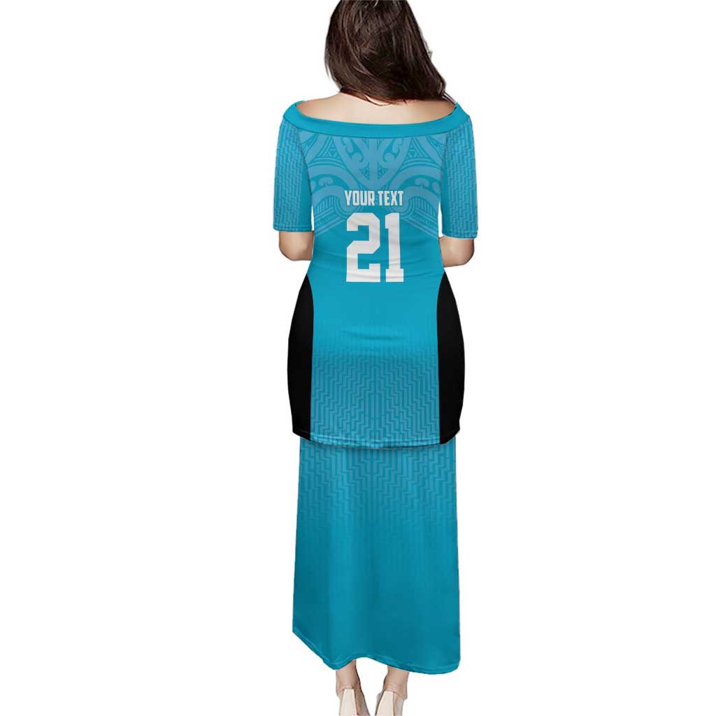 New Zealand Custom Puletasi Fire Basketball Maori Tribal Sky Blue - Polynesian Pride