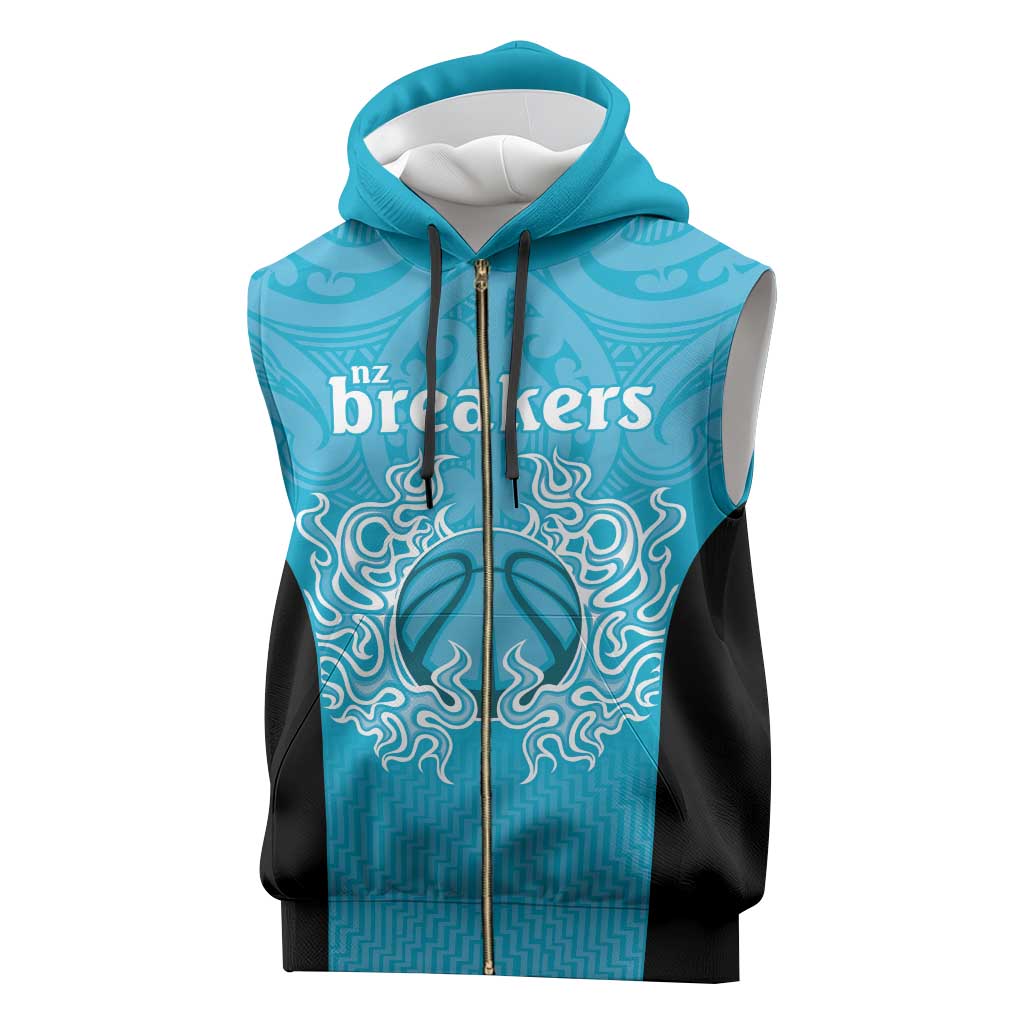 New Zealand Custom Sleeveless Zip Hoodie Fire Basketball Maori Tribal Sky Blue - Polynesian Pride