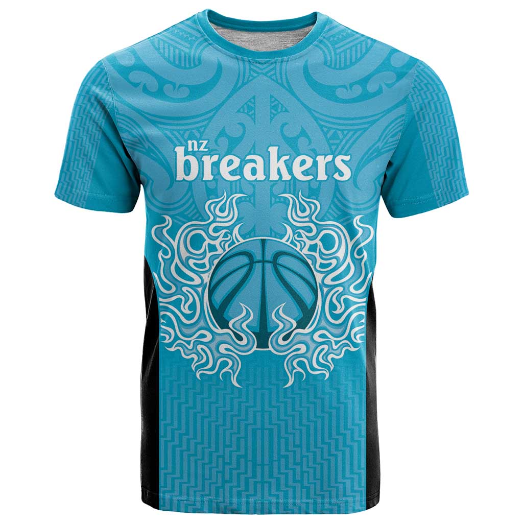 New Zealand Custom T Shirt Fire Basketball Maori Tribal Sky Blue - Polynesian Pride