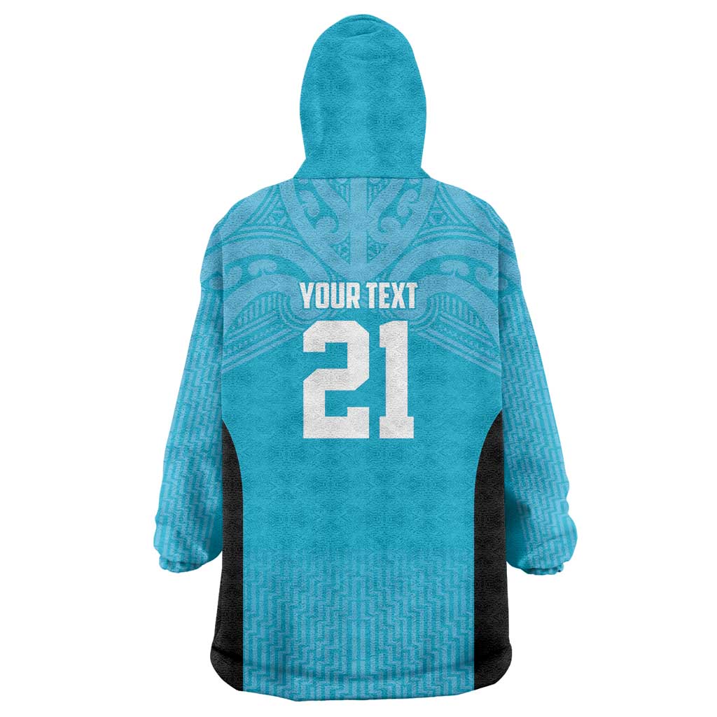 New Zealand Custom Wearable Blanket Hoodie Fire Basketball Maori Tribal Sky Blue - Polynesian Pride