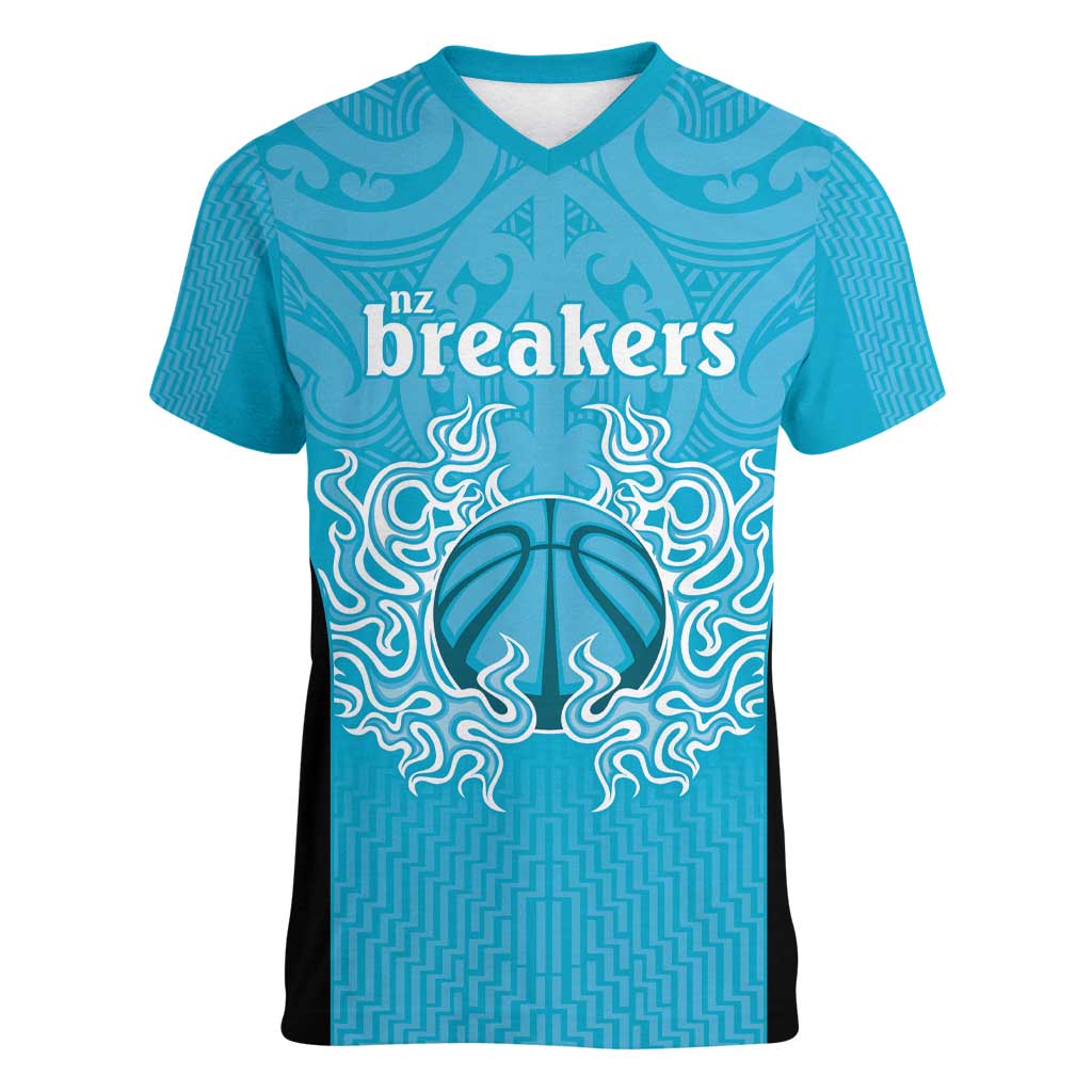 New Zealand Custom Women V-Neck T-Shirt Fire Basketball Maori Tribal Sky Blue - Polynesian Pride