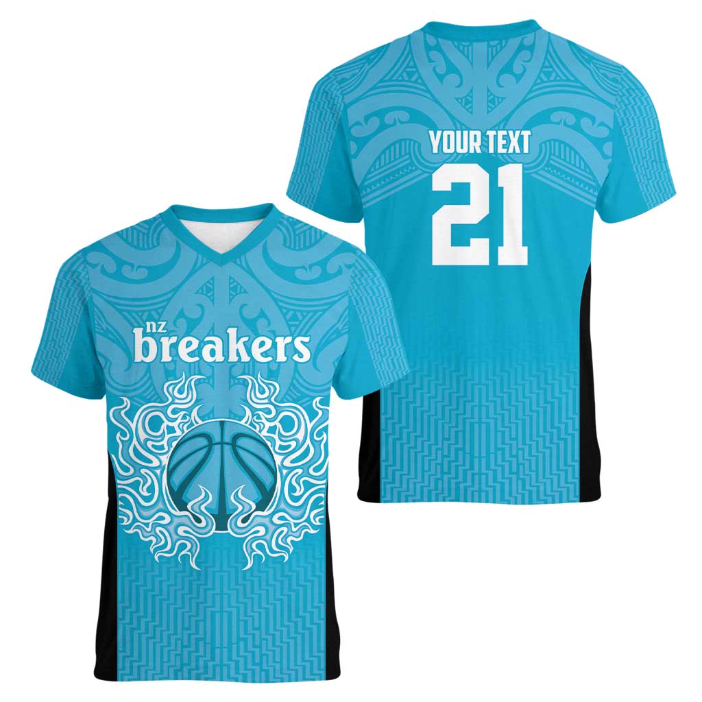 New Zealand Custom Women V-Neck T-Shirt Fire Basketball Maori Tribal Sky Blue - Polynesian Pride