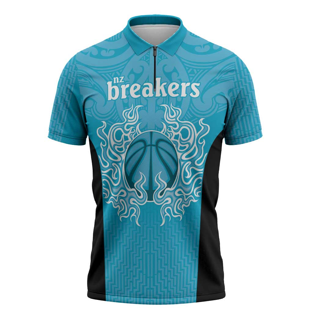 New Zealand Custom Zipper Polo Shirt Fire Basketball Maori Tribal Sky Blue - Polynesian Pride