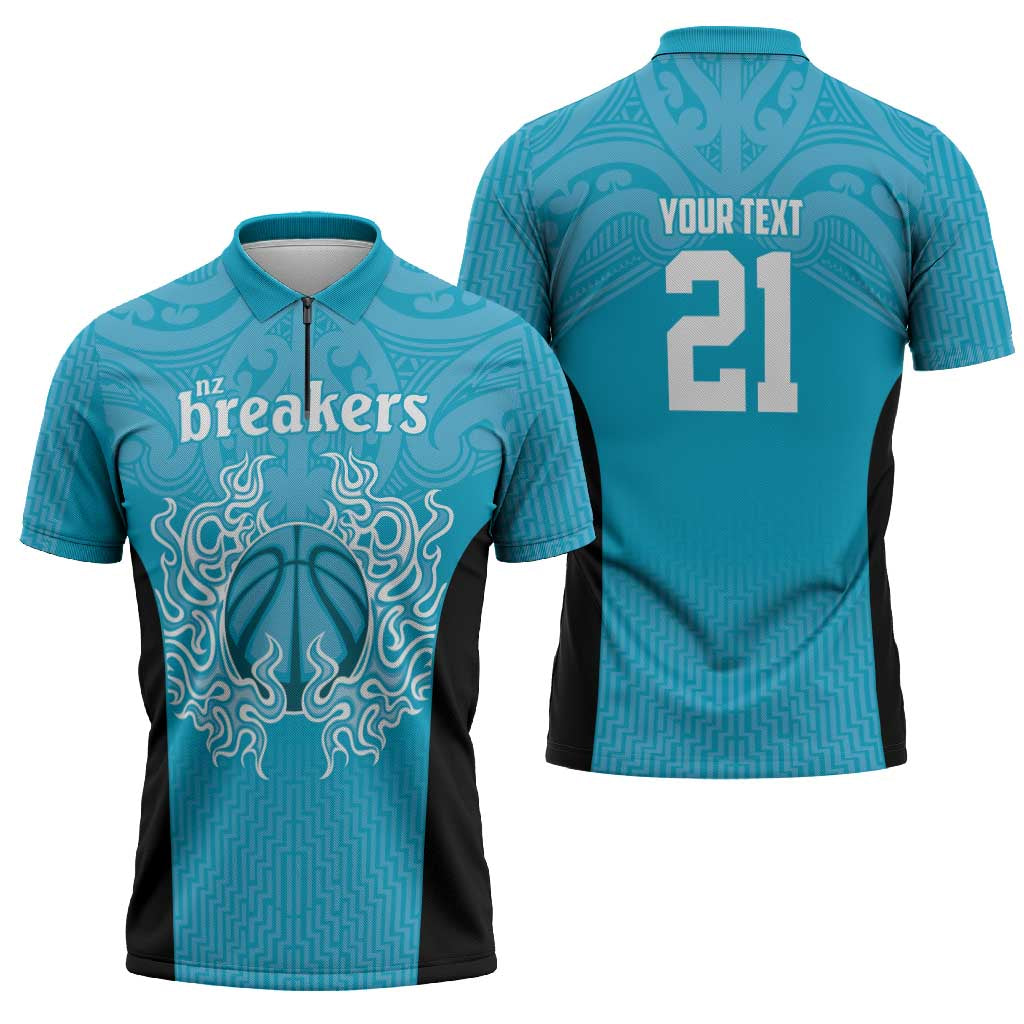 New Zealand Custom Zipper Polo Shirt Fire Basketball Maori Tribal Sky Blue - Polynesian Pride