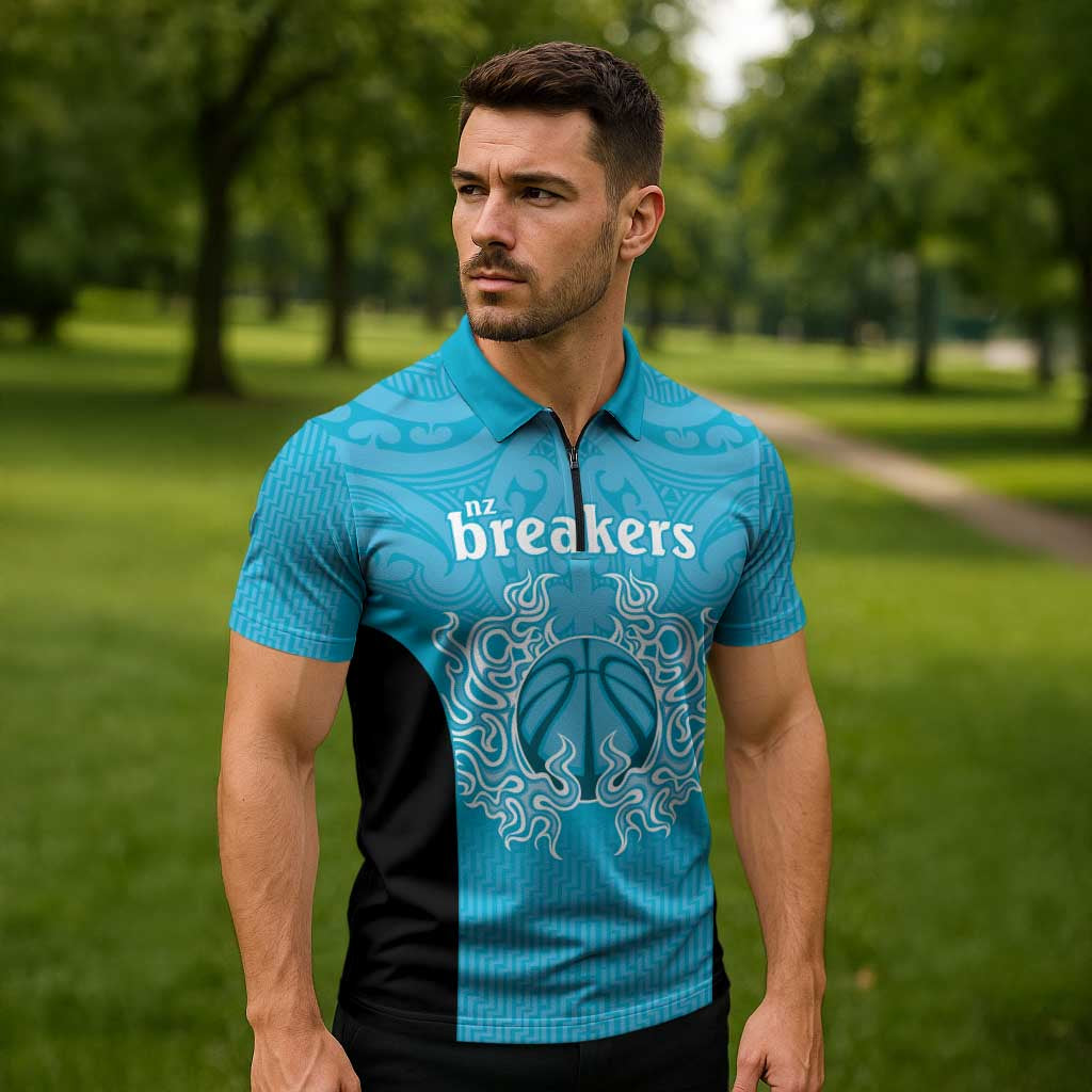 New Zealand Custom Zipper Polo Shirt Fire Basketball Maori Tribal Sky Blue - Polynesian Pride