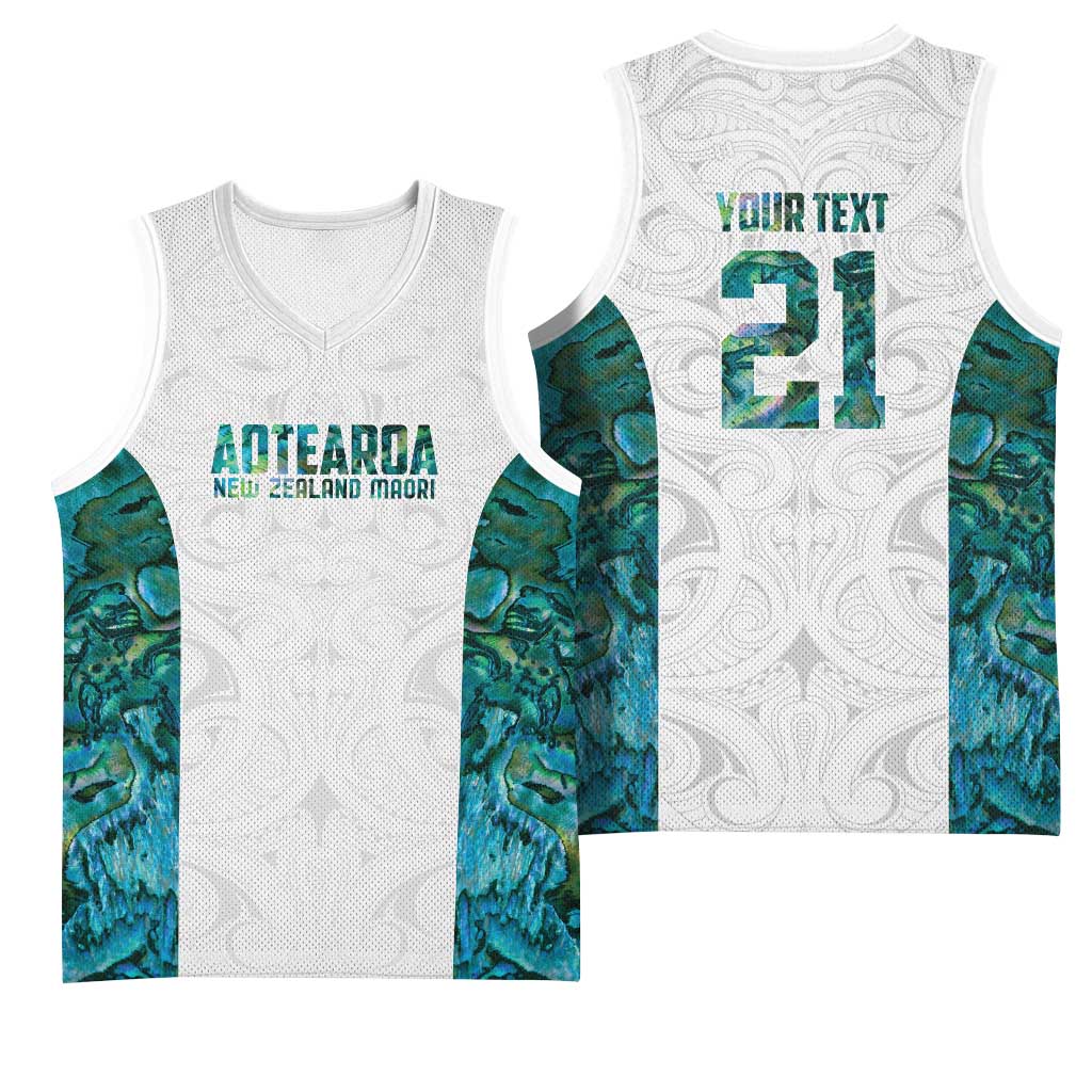 Custom New Zealand Aotearoa Basketball Jersey Green Maori Paua Shell Indigenous - Polynesian Pride