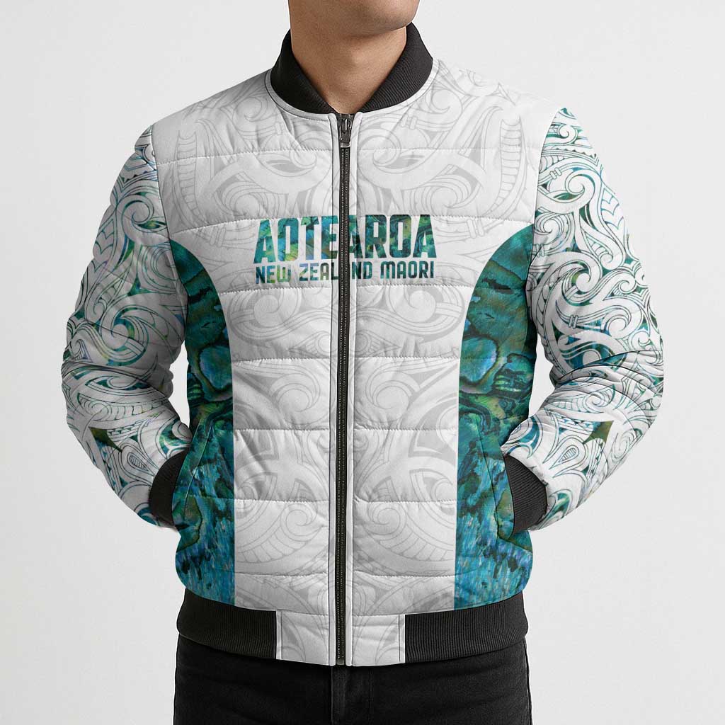 Custom New Zealand Aotearoa Bomber Puffer Jacket Green Maori Paua Shell Indigenous - Polynesian Pride