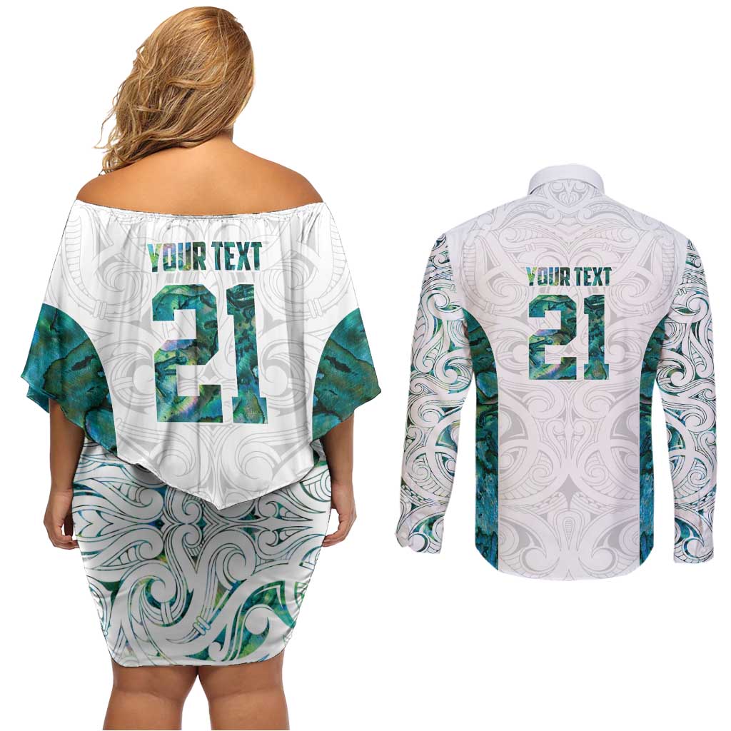 Custom New Zealand Aotearoa Couples Matching Off Shoulder Short Dress and Long Sleeve Button Shirt Green Maori Paua Shell Indigenous - Polynesian Pride