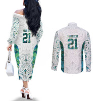 Custom New Zealand Aotearoa Couples Matching Off The Shoulder Long Sleeve Dress and Long Sleeve Button Shirt Green Maori Paua Shell Indigenous - Polynesian Pride