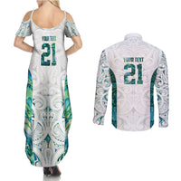 Custom New Zealand Aotearoa Couples Matching Summer Maxi Dress and Long Sleeve Button Shirt Green Maori Paua Shell Indigenous - Polynesian Pride