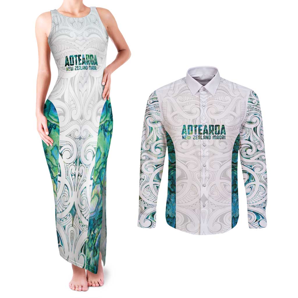 Custom New Zealand Aotearoa Couples Matching Tank Maxi Dress and Long Sleeve Button Shirt Green Maori Paua Shell Indigenous - Polynesian Pride