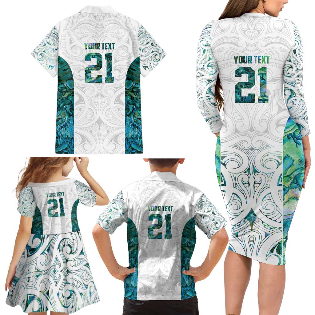 Custom New Zealand Aotearoa Family Matching Long Sleeve Bodycon Dress and Hawaiian Shirt Green Maori Paua Shell Indigenous - Polynesian Pride