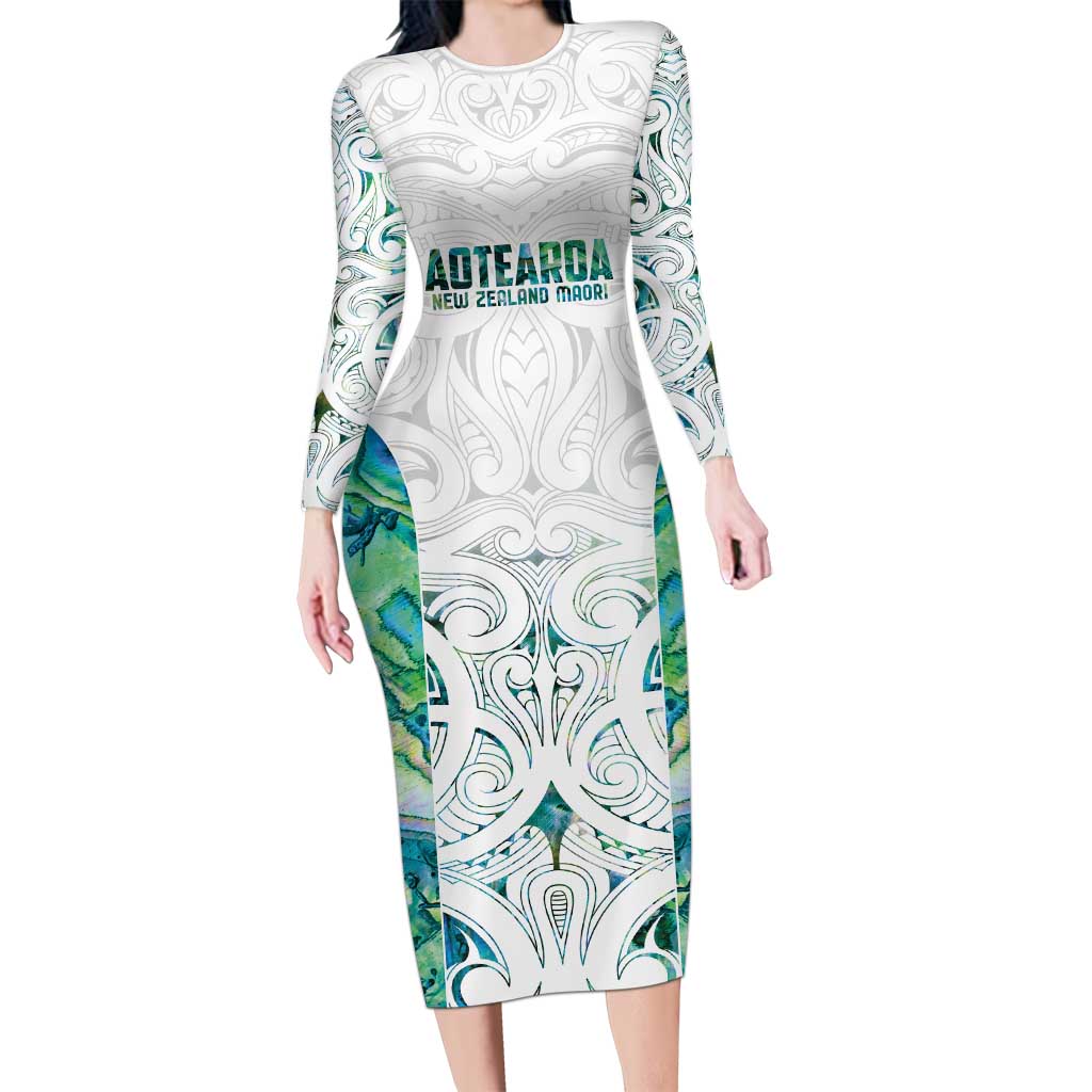Custom New Zealand Aotearoa Family Matching Long Sleeve Bodycon Dress and Hawaiian Shirt Green Maori Paua Shell Indigenous - Polynesian Pride