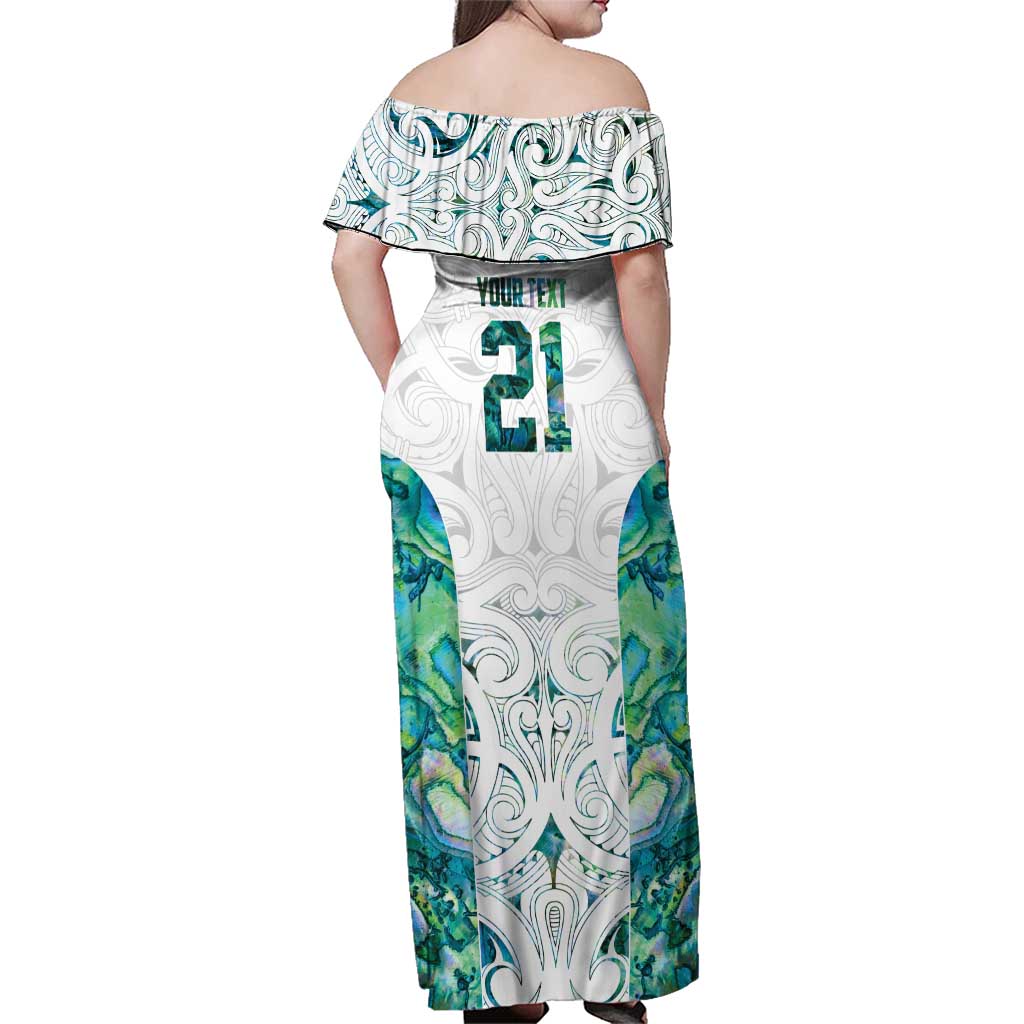 Custom New Zealand Aotearoa Family Matching Off Shoulder Maxi Dress and Hawaiian Shirt Green Maori Paua Shell Indigenous - Polynesian Pride