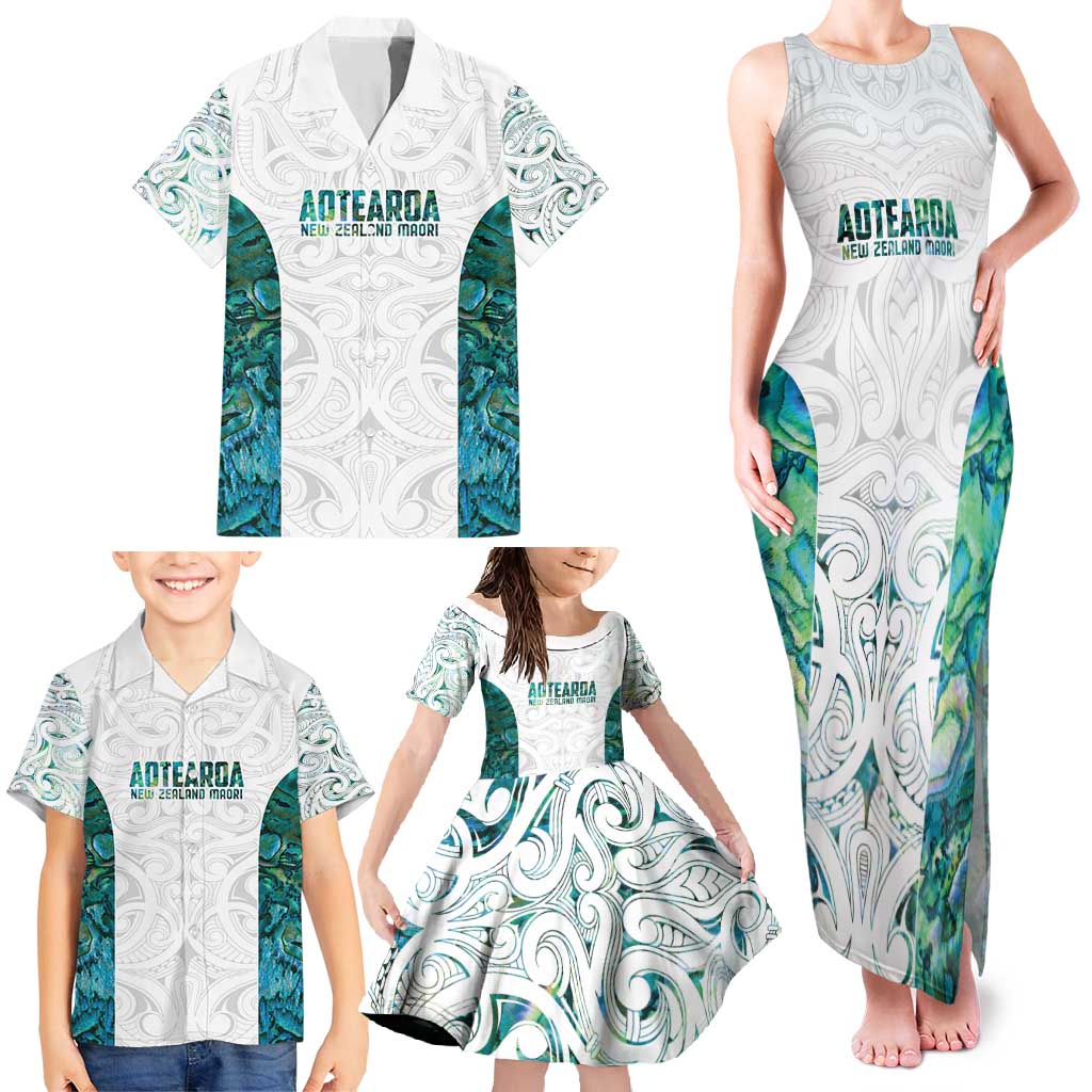 Custom New Zealand Aotearoa Family Matching Tank Maxi Dress and Hawaiian Shirt Green Maori Paua Shell Indigenous - Polynesian Pride