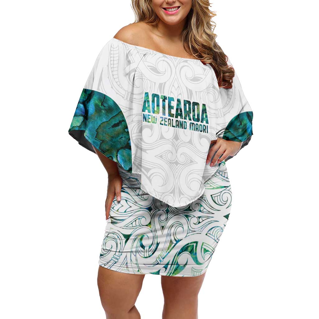 Custom New Zealand Aotearoa Off Shoulder Short Dress Green Maori Paua Shell Indigenous - Polynesian Pride