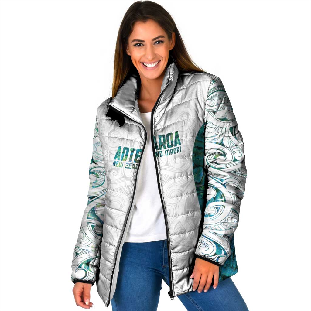 Custom New Zealand Aotearoa Padded Jacket Green Maori Paua Shell Indigenous - Polynesian Pride