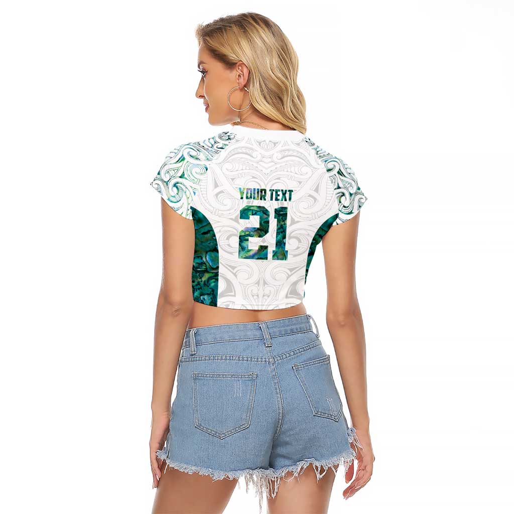 Custom New Zealand Aotearoa Raglan Cropped T Shirt Green Maori Paua Shell Indigenous - Polynesian Pride