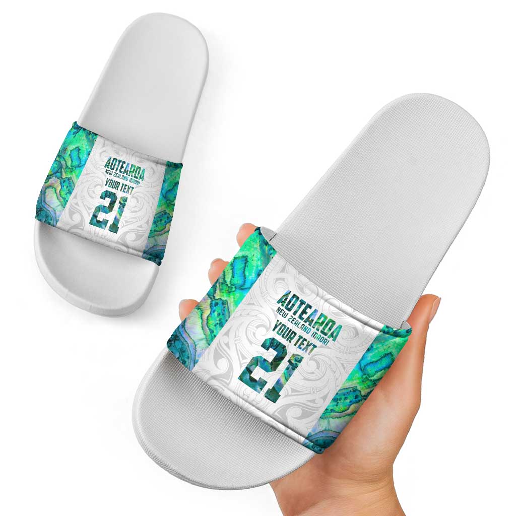 Custom New Zealand Aotearoa Slide Sandals Green Maori Paua Shell Indigenous - Polynesian Pride