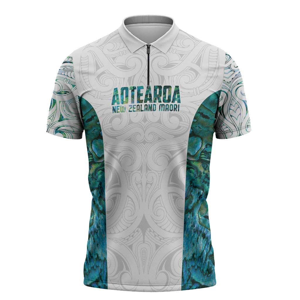 Custom New Zealand Aotearoa Zipper Polo Shirt Green Maori Paua Shell Indigenous - Polynesian Pride