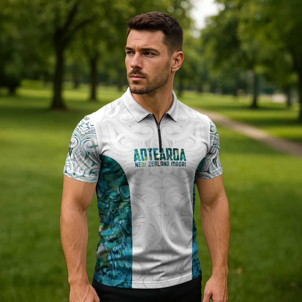 Custom New Zealand Aotearoa Zipper Polo Shirt Green Maori Paua Shell Indigenous - Polynesian Pride