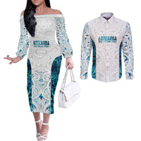Custom New Zealand Aotearoa Couples Matching Off The Shoulder Long Sleeve Dress and Long Sleeve Button Shirt Maori Paua Shell Indigenous - Polynesian Pride