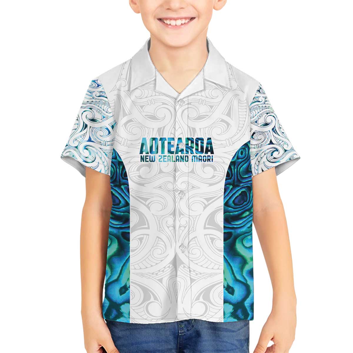 Custom New Zealand Aotearoa Family Matching Off The Shoulder Long Sleeve Dress and Hawaiian Shirt Maori Paua Shell Indigenous LT9 Son's Shirt Blue - Polynesian Pride
