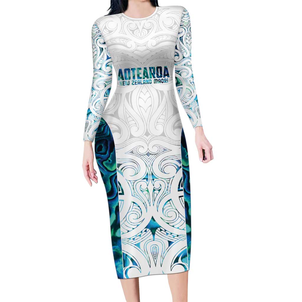 Custom New Zealand Aotearoa Long Sleeve Bodycon Dress Maori Paua Shell Indigenous - Polynesian Pride