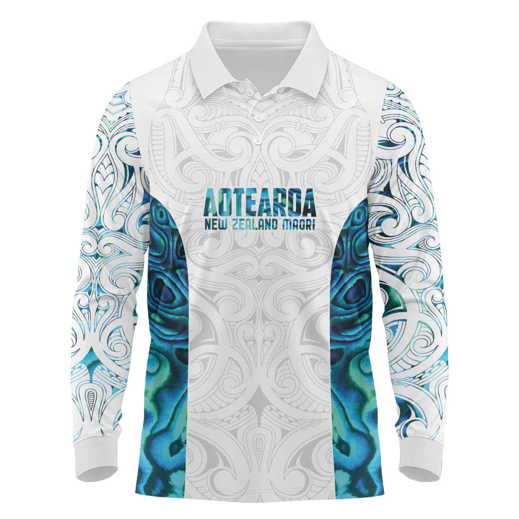 Custom New Zealand Aotearoa Long Sleeve Polo Shirt Maori Paua Shell Indigenous - Polynesian Pride