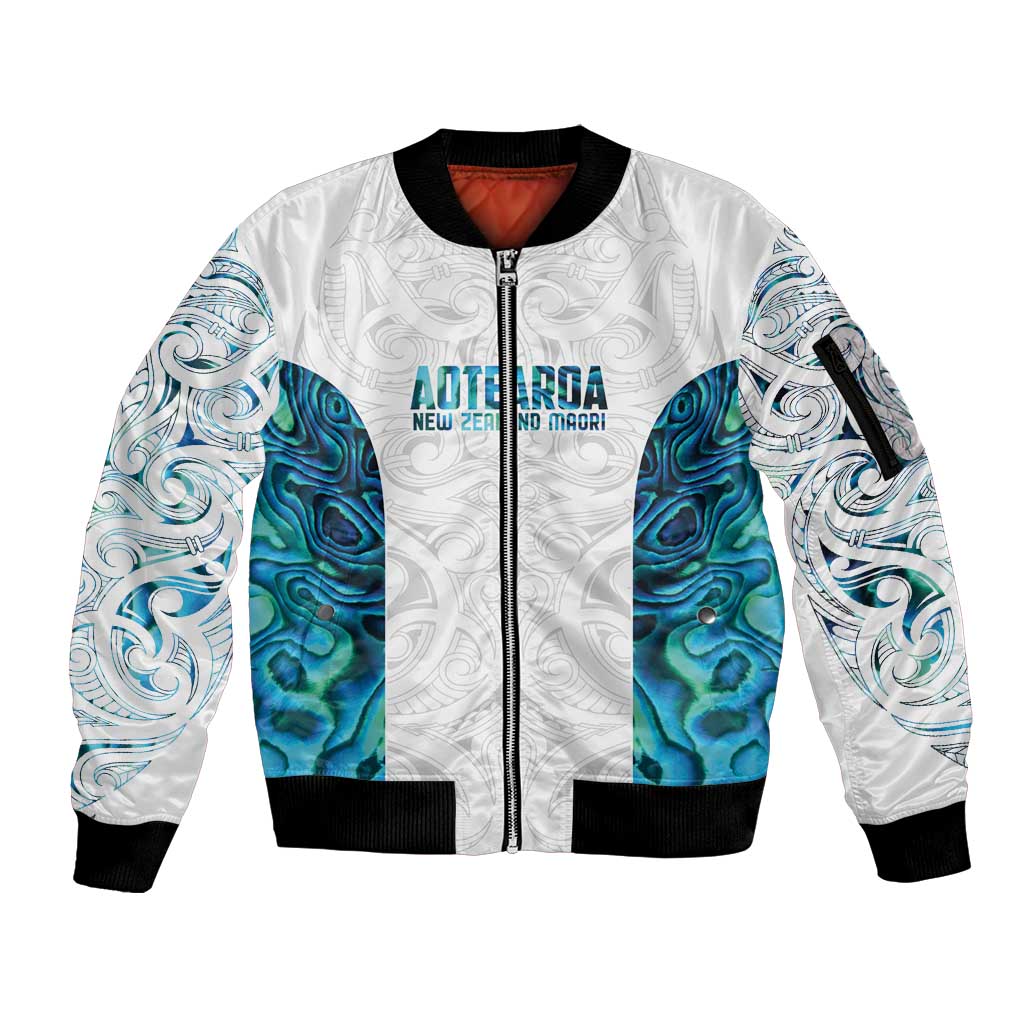 Custom New Zealand Aotearoa Sleeve Zip Bomber Jacket Maori Paua Shell Indigenous - Polynesian Pride