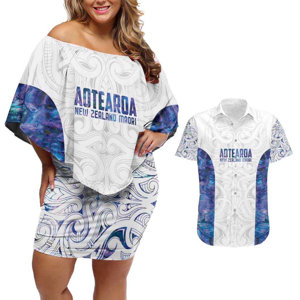 Custom New Zealand Aotearoa Couples Matching Off Shoulder Short Dress and Hawaiian Shirt Purple Maori Paua Shell Indigenous - Polynesian Pride