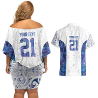 Custom New Zealand Aotearoa Couples Matching Off Shoulder Short Dress and Hawaiian Shirt Purple Maori Paua Shell Indigenous - Polynesian Pride