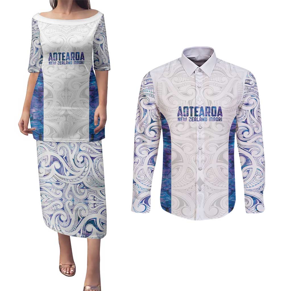 Custom New Zealand Aotearoa Couples Matching Puletasi and Long Sleeve Button Shirt Purple Maori Paua Shell Indigenous - Polynesian Pride