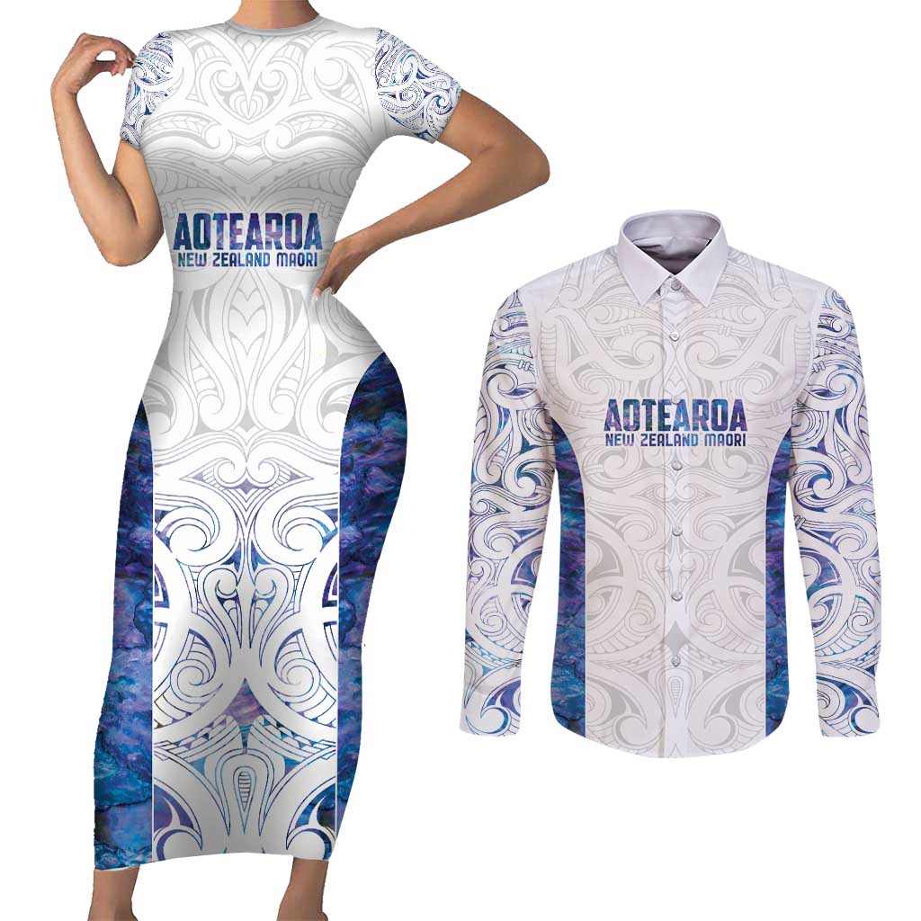 Custom New Zealand Aotearoa Couples Matching Short Sleeve Bodycon Dress and Long Sleeve Button Shirt Purple Maori Paua Shell Indigenous - Polynesian Pride