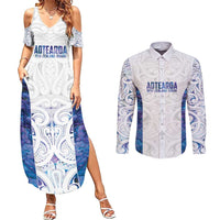 Custom New Zealand Aotearoa Couples Matching Summer Maxi Dress and Long Sleeve Button Shirt Purple Maori Paua Shell Indigenous - Polynesian Pride