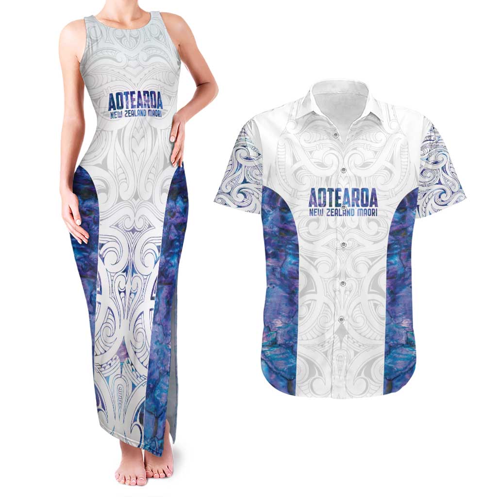 Custom New Zealand Aotearoa Couples Matching Tank Maxi Dress and Hawaiian Shirt Purple Maori Paua Shell Indigenous - Polynesian Pride