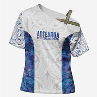 Custom New Zealand Aotearoa Cross Shoulder Shirt Purple Maori Paua Shell Indigenous LT9 Female Purple - Polynesian Pride