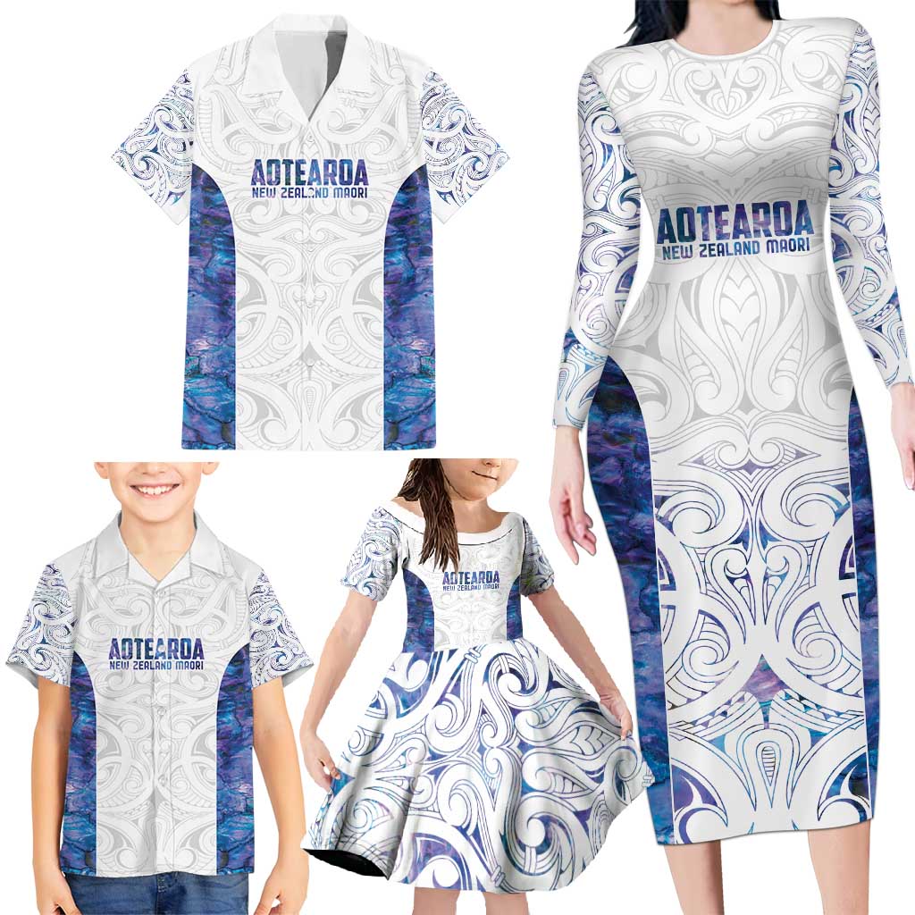 Custom New Zealand Aotearoa Family Matching Long Sleeve Bodycon Dress and Hawaiian Shirt Purple Maori Paua Shell Indigenous - Polynesian Pride